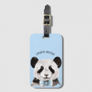 Étiquette À Bagage Panda Aquarelle Moderne Avec Nom Et Bleu Pastel