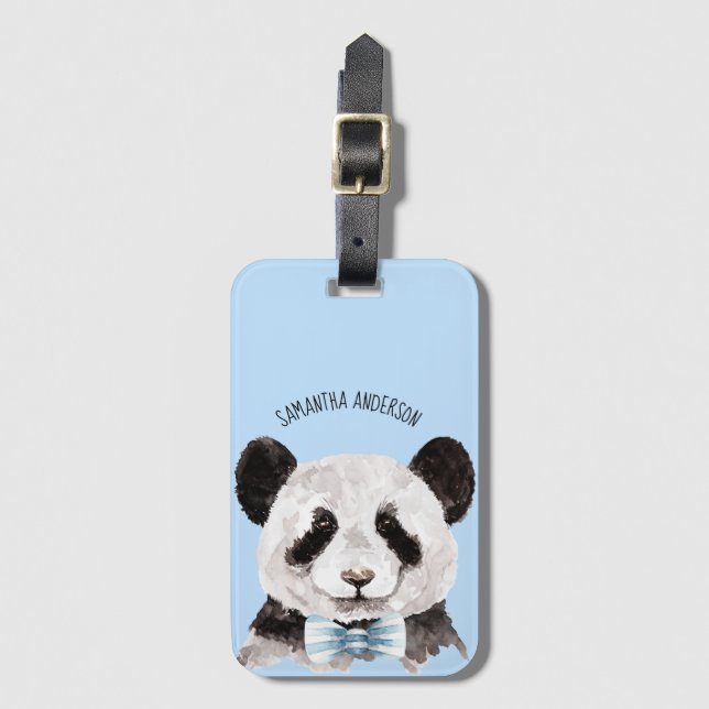 Étiquette À Bagage Panda Aquarelle Moderne Avec Nom Et Bleu Pastel (Devant Vertical)