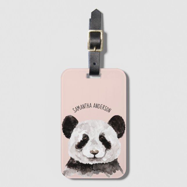 Étiquette À Bagage Panda Aquarelle Moderne Avec Nom Et Rose Pastel (Devant Vertical)