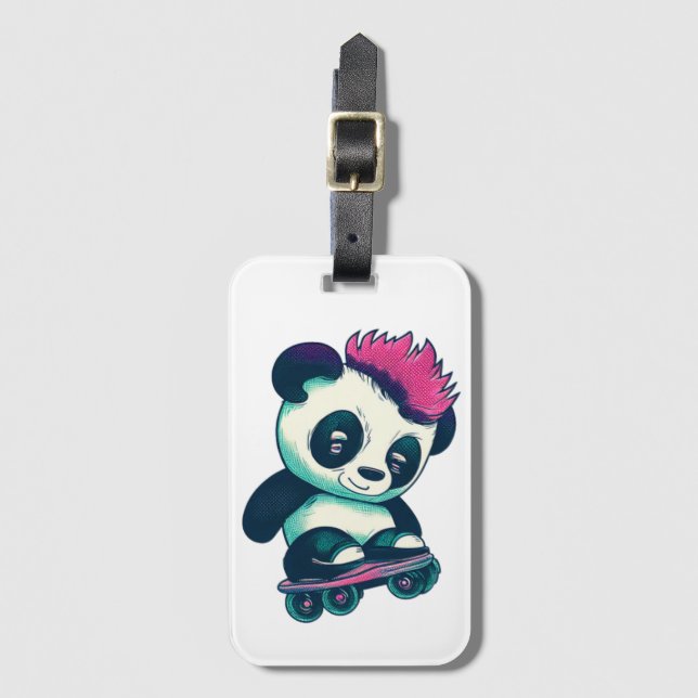Étiquette À Bagage Panda bébé mignonne avec mohawk | Panda de patinag (Devant Vertical)