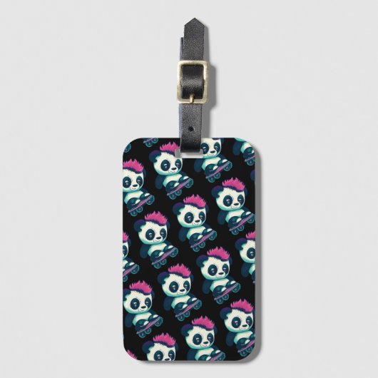 Étiquette À Bagage Panda bébé mignonne avec mohawk | Panda de patinag (Devant Vertical)