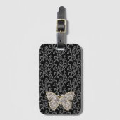 Étiquette À Bagage Papillon à bijou floral noir chic (Devant Vertical)