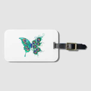 Étiquette À Bagage Papillon aux plumes de paon vert