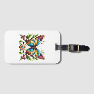Étiquette À Bagage Papillon en vitrail coloré avec fleurs