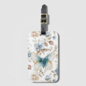 Étiquette À Bagage Papillon Fleurs Marron Crème Bleu Tan (Devant Vertical)
