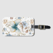 Étiquette À Bagage Papillon Fleurs Marron Crème Bleu Tan (Devant Horizontal)