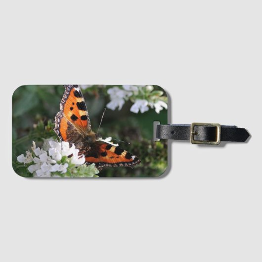 Étiquette À Bagage Papillon orange et fleurs blanches (Devant Horizontal)