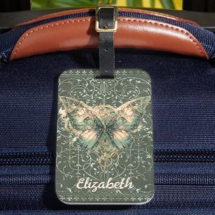 Étiquette À Bagage Papillon Steampunk Vert Élégant Personnalisé
