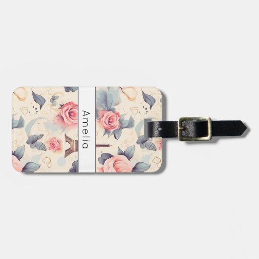 Étiquette À Bagage Papillon Tour Eiffel et Motif Rose (Devant horizontal)