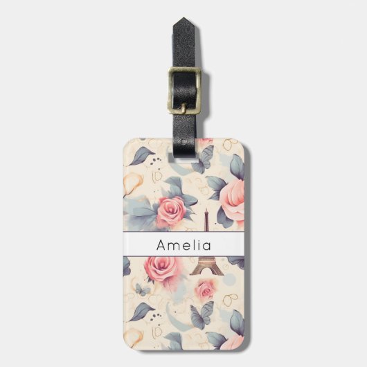 Étiquette À Bagage Papillon Tour Eiffel et Motif Rose (Devant Vertical)