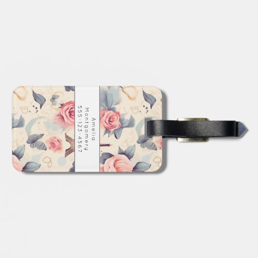 Étiquette À Bagage Papillon Tour Eiffel et Motif Rose (Dos horizontal)