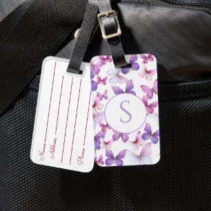 Étiquette À Bagage Papillons roses et violets Monogramme personnalisé