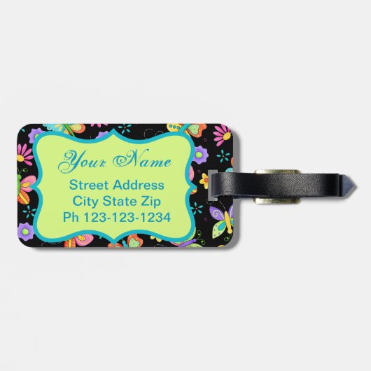 Étiquette À Bagage Papillons Whimsy modernes sur Monogramme noir (Dos horizontal)