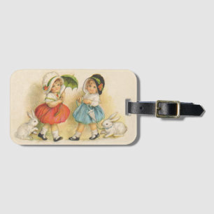 Étiquette À Bagage Pâques vintage Enfants Lapins Bonnets Antique
