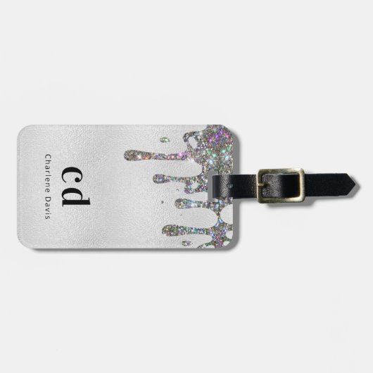 Étiquette À Bagage Parties scintillant argent goutte nom monogramme (Devant horizontal)