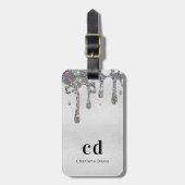 Étiquette À Bagage Parties scintillant argent goutte nom monogramme (Devant Vertical)