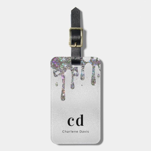Étiquette À Bagage Parties scintillant argent goutte nom monogramme (Devant Vertical)