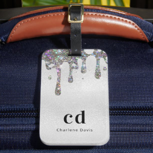 Étiquette À Bagage Parties scintillant argent goutte nom monogramme