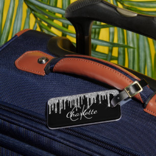 Étiquette À Bagage Parties scintillant argent noir goutte nom monogra