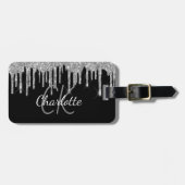 Étiquette À Bagage Parties scintillant argent noir goutte nom monogra (Devant horizontal)