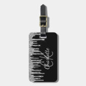 Étiquette À Bagage Parties scintillant argent noir goutte nom monogra (Devant Vertical)