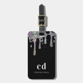Étiquette À Bagage Parties scintillant argent noir goutte nom monogra (Devant Vertical)