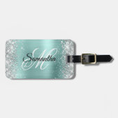 Étiquette À Bagage Parties scintillant Argent Pale Turquoise Foil Fan (Devant horizontal)