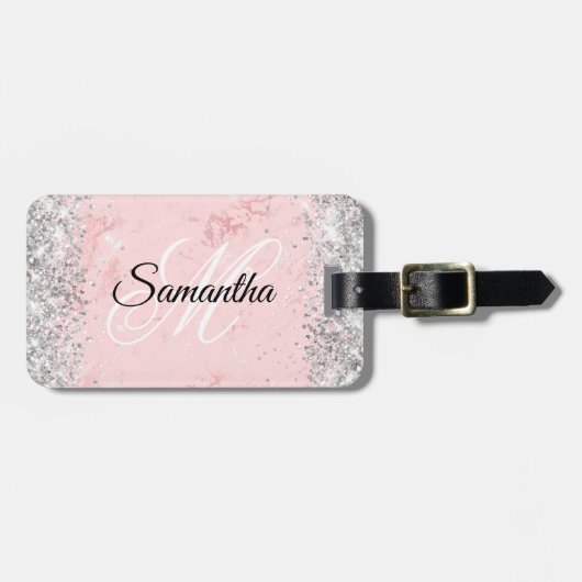 Étiquette À Bagage Parties scintillant argentée en marbre rose (Devant horizontal)