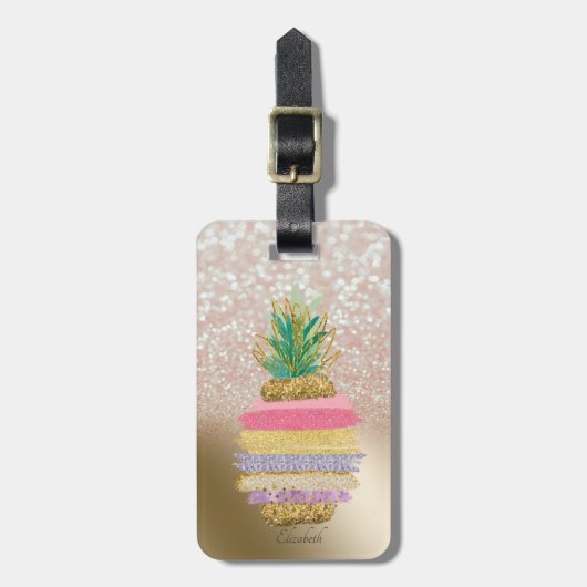 Étiquette À Bagage Parties scintillant Bokeh Ombre, Ananas rayé (Devant Vertical)