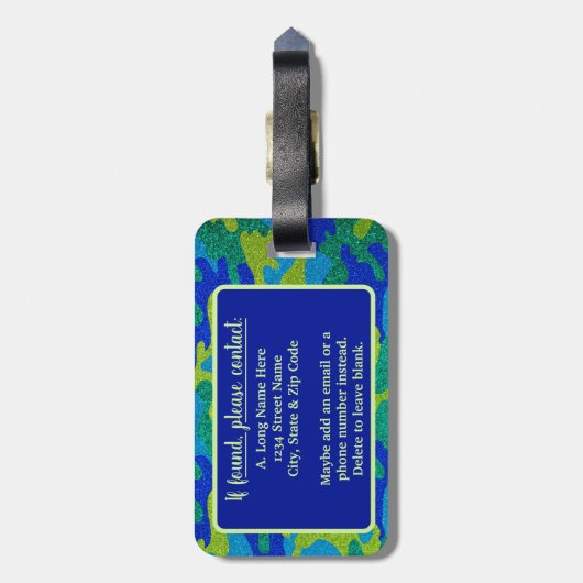 Étiquette À Bagage Parties scintillant Camouflage bleu et vert clair  (Dos Vertical)