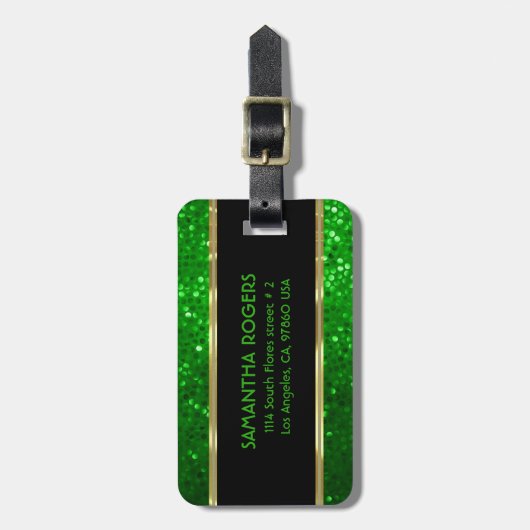 Étiquette À Bagage Parties scintillant de tons vert clair monogramme (Devant Vertical)