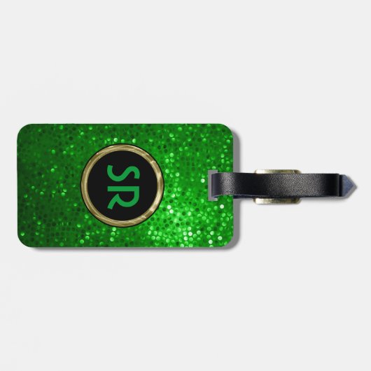 Étiquette À Bagage Parties scintillant de tons vert clair monogramme (Dos horizontal)
