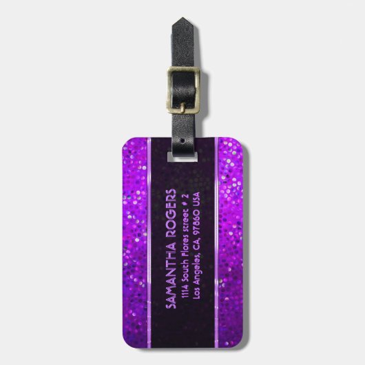 Étiquette À Bagage Parties scintillant de tons violets monogramme Tex (Devant Vertical)