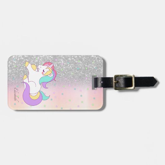 Étiquette À Bagage Parties scintillant élégante Bokeh, Unicorn, Étoil (Devant horizontal)