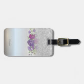 Étiquette À Bagage Parties scintillant en argent Bokeh Ombre, Fleurs  (Devant horizontal)