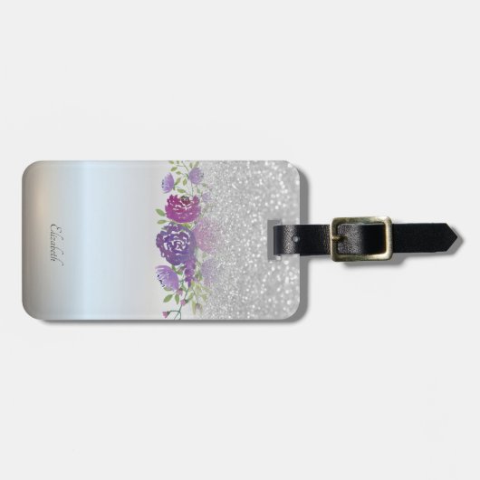 Étiquette À Bagage Parties scintillant en argent Bokeh Ombre, Fleurs  (Devant horizontal)