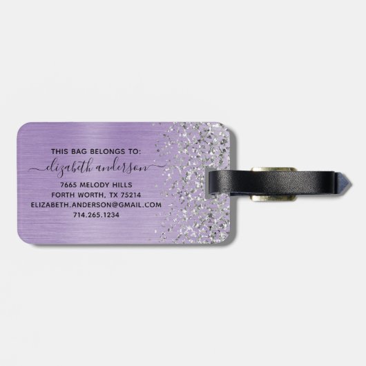 Étiquette À Bagage Parties scintillant en métal brossé violet Script  (Dos horizontal)