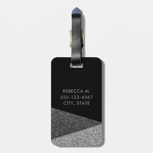 Étiquette À Bagage Parties scintillant en noir et argent Monogramme m (Dos Vertical)
