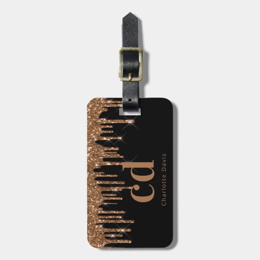 Étiquette À Bagage Parties scintillant en or noir goutte nom monogram (Devant Vertical)