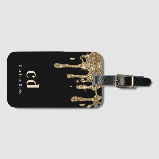 Étiquette À Bagage Parties scintillant en or noir goutte nom monogram (Devant Horizontal)