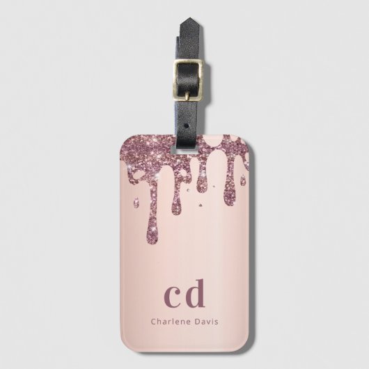 Étiquette À Bagage Parties scintillant en or rose flush  nom monogram (Devant Vertical)
