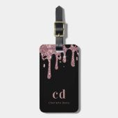 Étiquette À Bagage Parties scintillant en or rose noir gouttes nom mo (Devant Vertical)