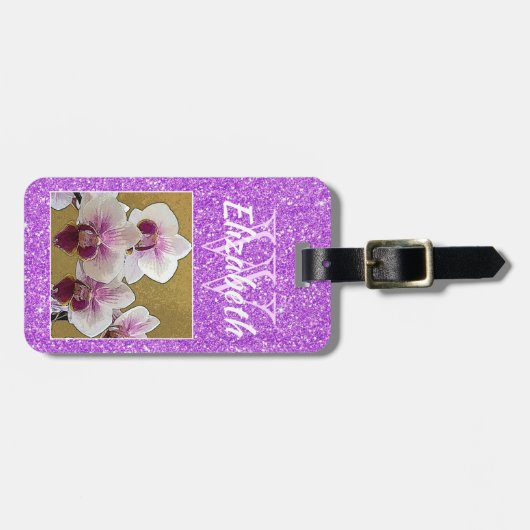 Étiquette À Bagage Parties scintillant fille violet Monogramme initia (Devant horizontal)