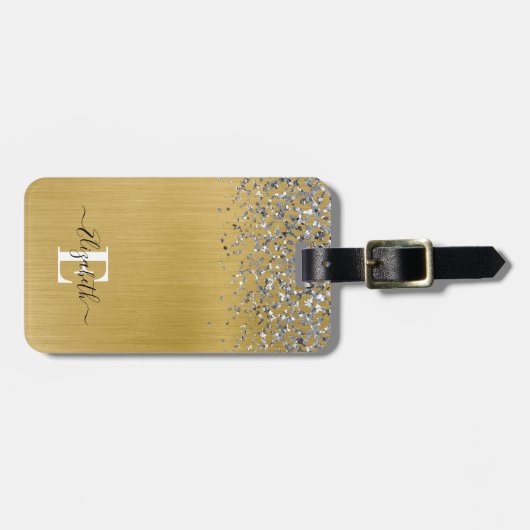 Étiquette À Bagage Parties scintillant métal brossé or Script Monogra (Devant horizontal)