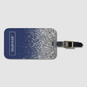 Étiquette À Bagage Parties scintillant Monogram Navy Blue Silver Glam (Devant Horizontal)
