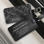 Étiquette À Bagage Parties scintillant noire métallique personnalisée<br><div class="desc">Personnalisez facilement cette étiquette de bagages à motif de parties scintillant en métal brossé noir et glamour avec votre propre nom personnalisé.</div>
