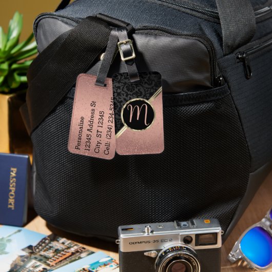 Étiquette À Bagage Parties scintillant or Rose Monogramme et Damas no (Recto & Verso)