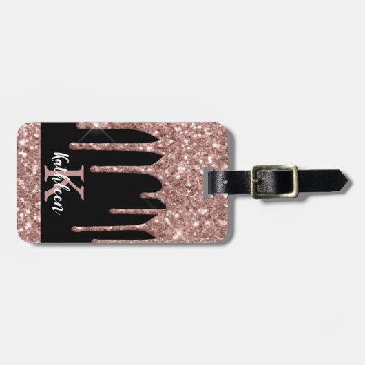 Étiquette À Bagage Parties scintillant Rose monogramme en or sur noir (Devant horizontal)