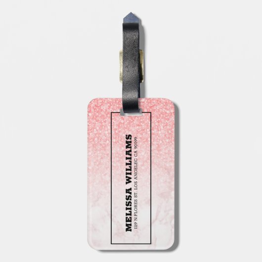 Étiquette À Bagage Parties scintillant rose rose or marbre ombre (Dos Vertical)