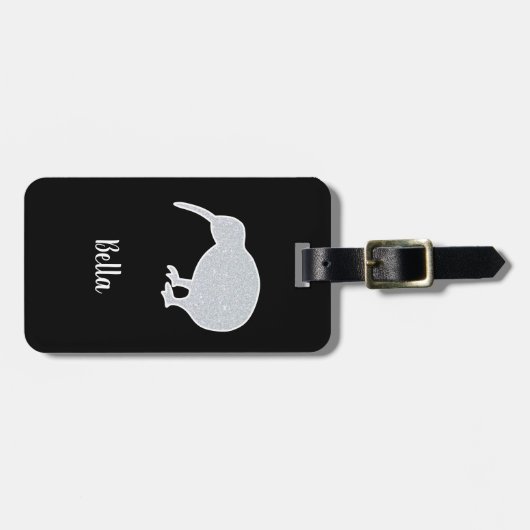 Étiquette À Bagage Parties scintillant Silver NZ Kiwi, noir & blanc p (Devant horizontal)